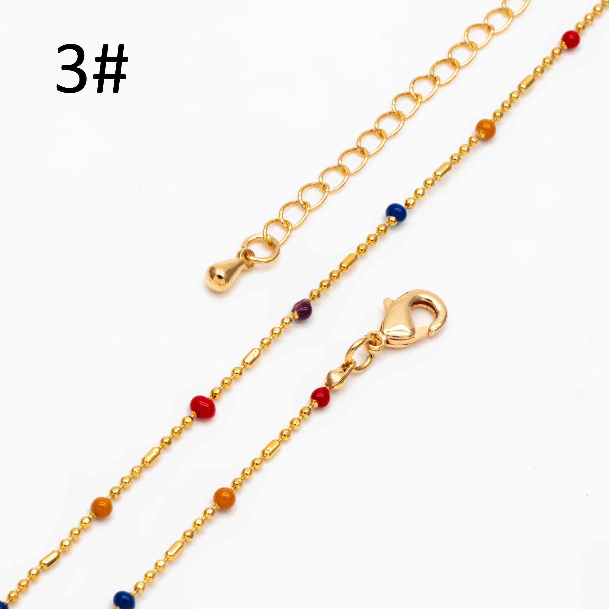 Gold Mix Color Enamel Beaded Chains 2mm, Finished Bracelet/ Anklet/ Necklace with Extender Chain, Ready to Wear (#LK-579)